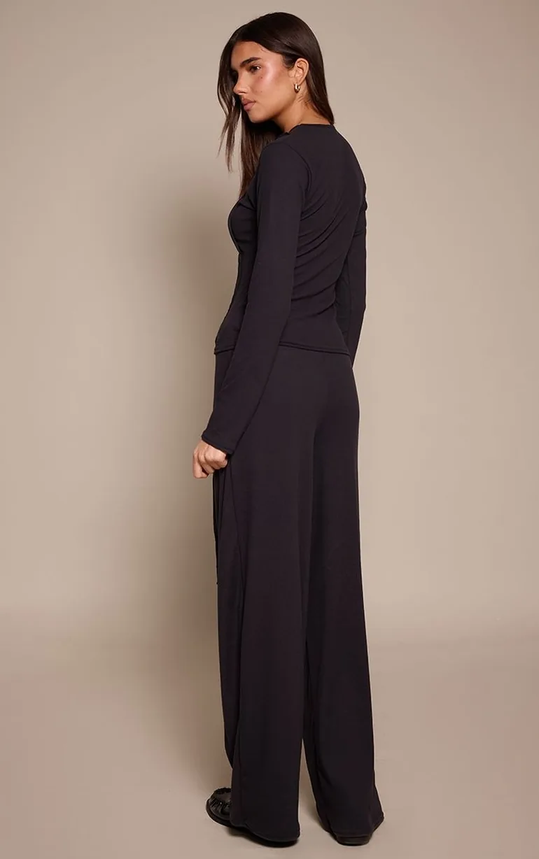 Black Seam Detail Wide Leg Trousers - 2
