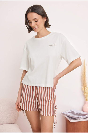 Ecru 100% Cotton Striped 30/1 Openend Single Jersey Knitted Pajama Set