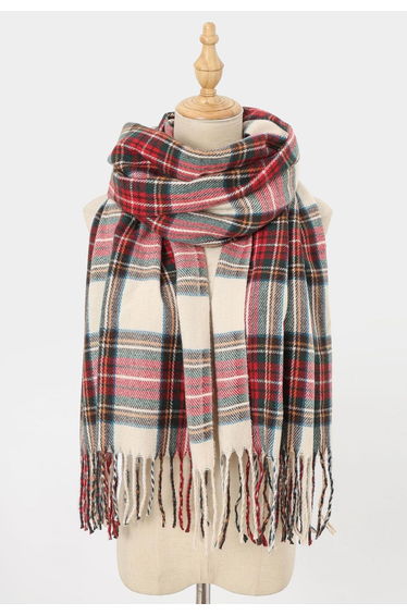 Warmth-Boosting Tartan Fringed Scarf in Ivory