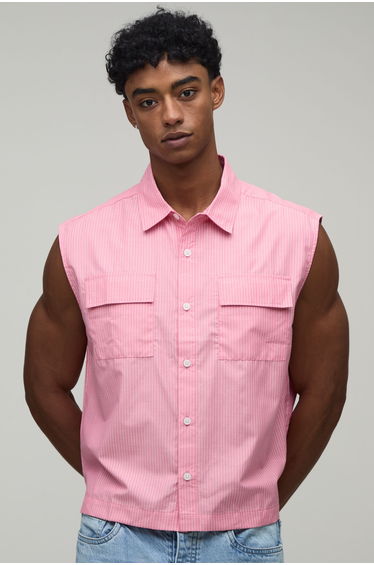 Oversized Boxy Stripe Sleeveless Shirt - pink