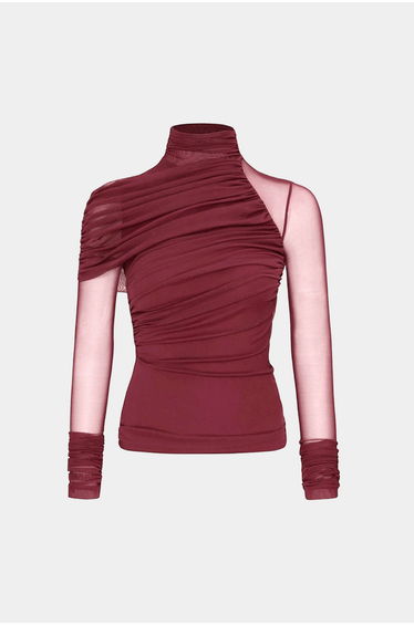 Mesh Mock Neck Ruched Asymmetrical Long-Sleeve Top