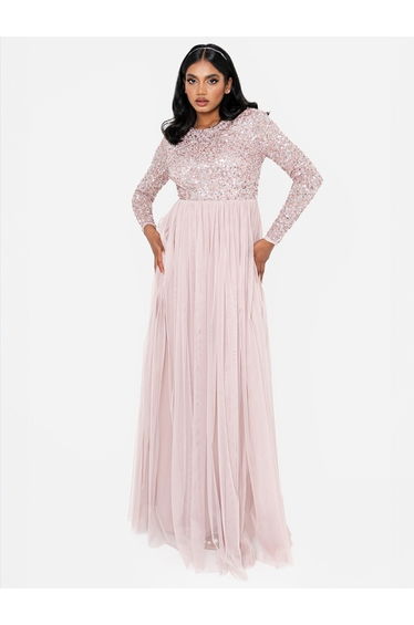 Maya Frosted Pink Embellished Long Sleeve Maxi Dress