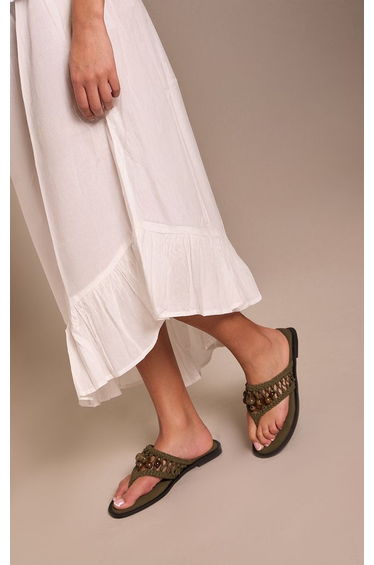 Khaki Weave Beaded Toe Thong Sandals