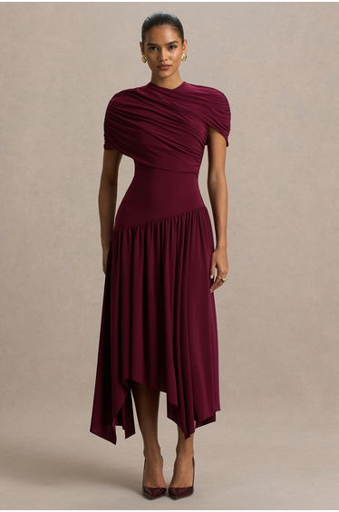 Ione | Burgundy Wrapped Midi Dress With Hanky Hem