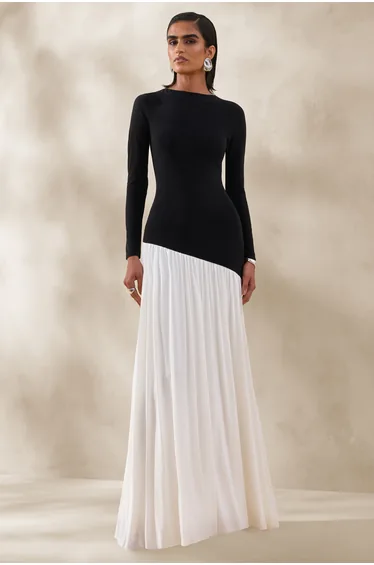 Jasira | Black & White Crew-Neck Maxi Dress With Asymmetric Drop-Waist