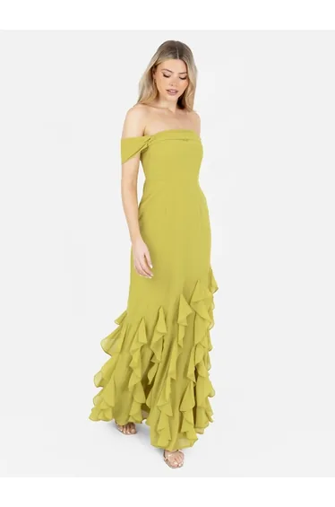 Anaya With Love Recycled Lime Bardot Maxi Dress with Ruffle Detail