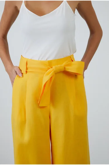 Belted Wide-Leg Linen Yellow Pants