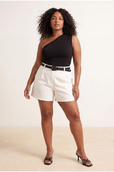 Black Asymmetrical One-Shoulder Padded Flexible Knitted Plus Size Blouse