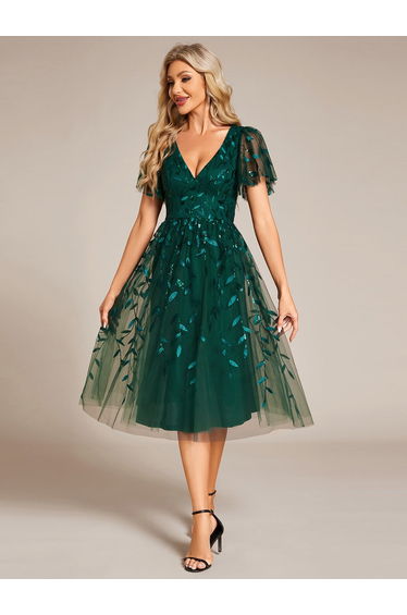 ever SIMONE|Short Sleeves Leaf Sequin A-Line Midi Formal Wedding Guest Dress