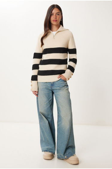 Women's Bone Black Zipper Turtleneck Striped Knitwear Sweater