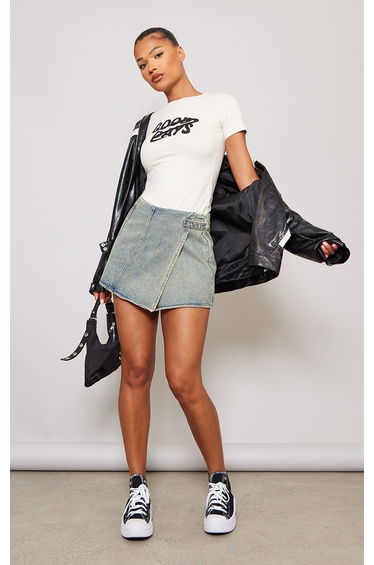 Vintage Wash Denim Wrap Over Mini Skirt