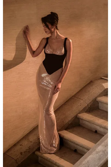 PLT Label Nude Sequin Contrast Velvet Corset Maxi Dress