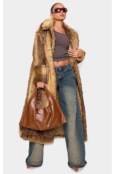 Petite Brown Faux Fur Longline Belted Coat