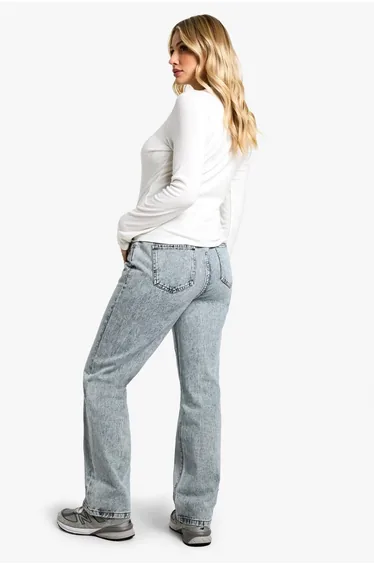 بنطلون جينز بأرجل مستقيمة بغطاء داعم للبطن لون أزرق - للحوامل