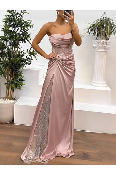 Delicate Satin Paneled Mesh Sequin Fabric Off Shoulder Ruched Drape Maxi Dress