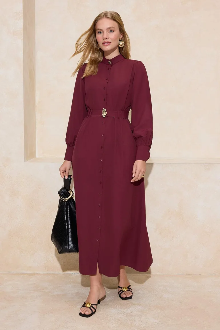 burgundy dress with gold belt Burgundy Gold Belt Buckle Cotton Dress Trendyol Modest Red : Day Dresses :  VogaCloset Oman