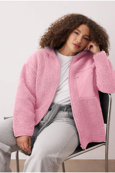 Winter essentials pink thick fleece zip-up stand collar pocket knit sweatshirt