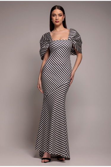 Stripe Off Shoulder Bow Back Satin Bow Maxi Dress - Black White by Goddiva