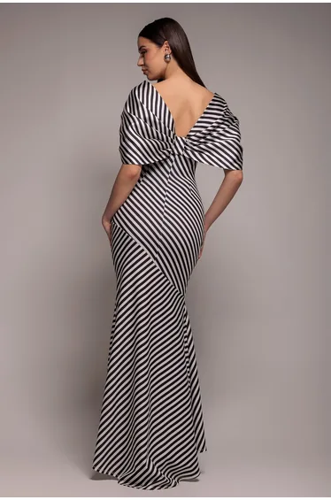 Stripe Off Shoulder Bow Back Satin Bow Maxi Dress - Black White by Goddiva