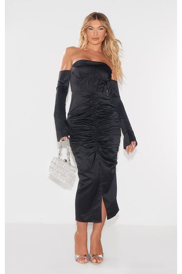 Black Premium Constructed Satin Draped Front Midaxi Dress