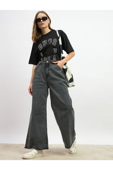 Oversized Slogan Print Round Neck T-Shirt
