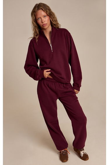 Wine Cotton Fleece Cuffed Sweat Pants