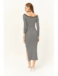 Women's Striped Black Open Collar Long Sleeve Blouse Slit Skirt Suit - 5