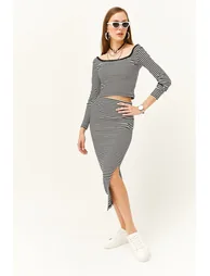 Women's Striped Black Open Collar Long Sleeve Blouse Slit Skirt Suit - 2