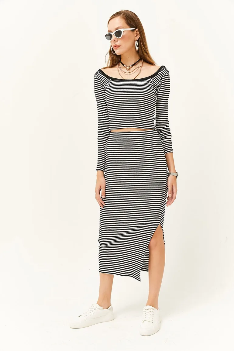 Women's Striped Black Open Collar Long Sleeve Blouse Slit Skirt Suit - 4