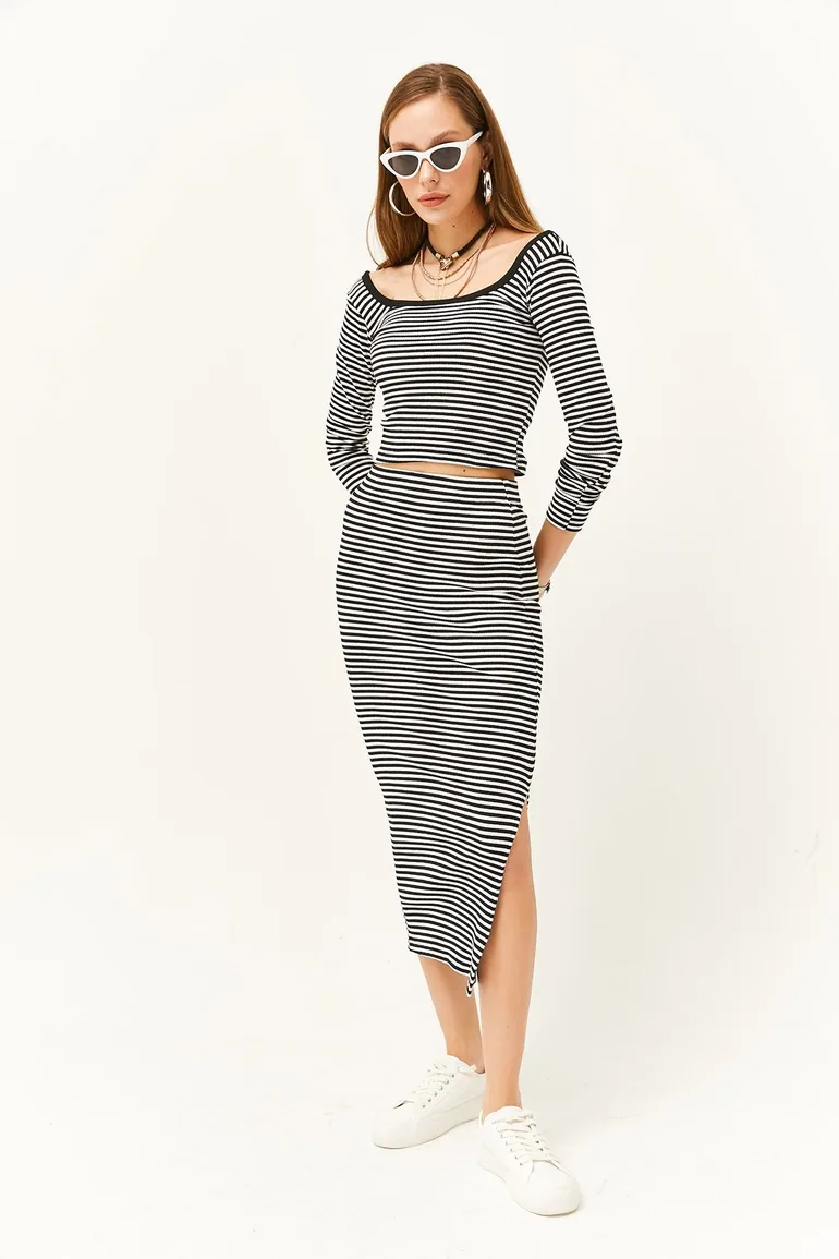 Women's Striped Black Open Collar Long Sleeve Blouse Slit Skirt Suit - 3