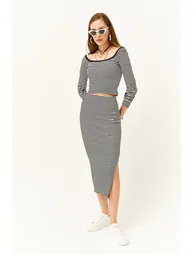 Women's Striped Black Open Collar Long Sleeve Blouse Slit Skirt Suit - 3