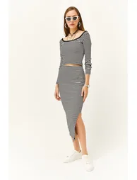 Women's Striped Black Open Collar Long Sleeve Blouse Slit Skirt Suit - 1