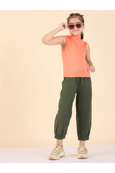 Girls Green Cotton Regular Cargo Pants