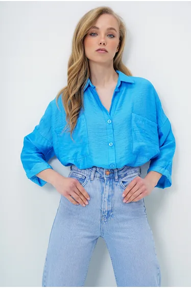 Women's Blue Double Pocket Oversize Woven Shirt