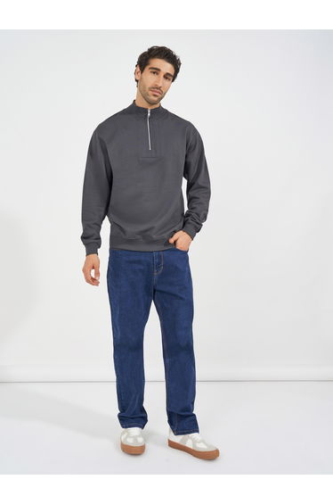 Relaxed Fit Quarter Zip Fleece Sweatshirt with Front Seam Detail