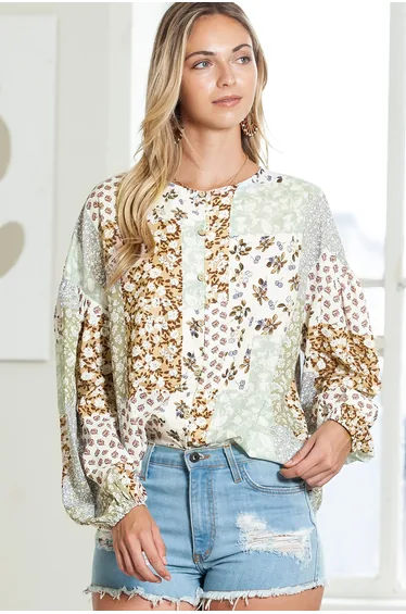 Lvness Multicolor Floral Patchwork Print Long Puff Sleeve Shirt