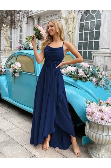 Navy Ruched Maxi Evening Dress with Cowl Neck