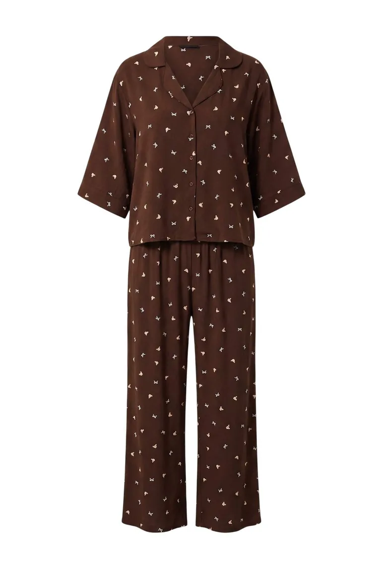 Brown Ribbon/Bow and Floral Viscose Woven Pajama Set - 4