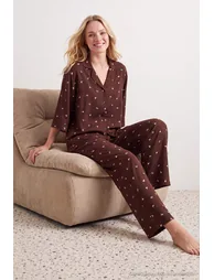 Brown Ribbon/Bow and Floral Viscose Woven Pajama Set - 1