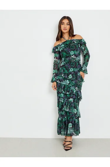 Women Green Printed Ruffle Detail Maxi Dress