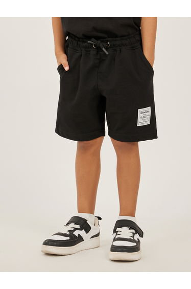 Badge Detail Drawstring Waist Shorts with Side and Back Pockets