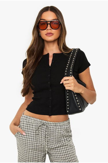 Rib Button Through Cap Sleeve Top