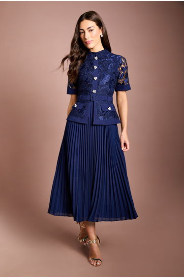 Pearl Button Lace Collared Midi Dress