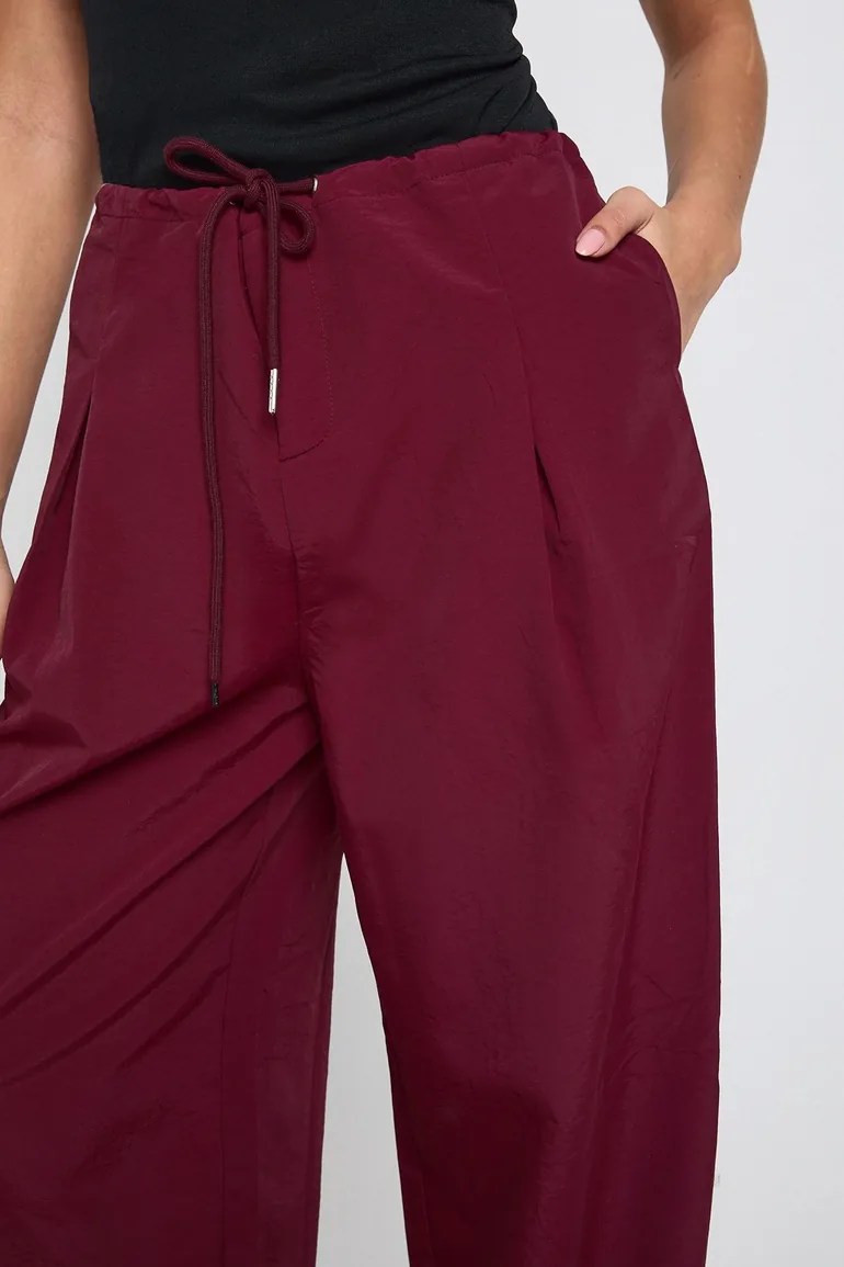 Drawcord Nylon Pleat Front Wide Leg Trousers - plum - 3