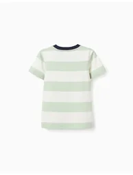 Striped cotton T-shirt for boys, white/green/blue - 1