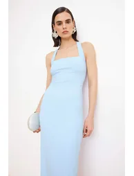 Light Blue Plain Bodycon Rose Detailed Woven Finike Midi Unlined Stylish/Evening Dress - 1