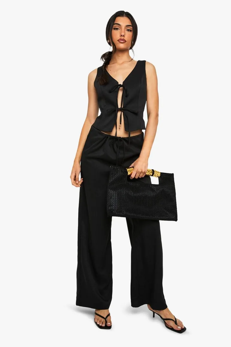 Linen Look Tie Waist Wide Leg Trouser - black - 2