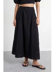 High Waist Embroidered Cotton Skirt with Pockets - 3