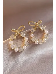 Rhinestones Insert Pearl Bow Wreath Earrings - 1