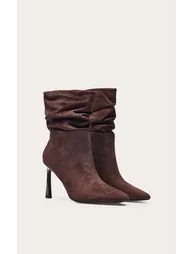 Chocolate Faux Suede Ruched Chiseled Toe Ankle Boots - 2